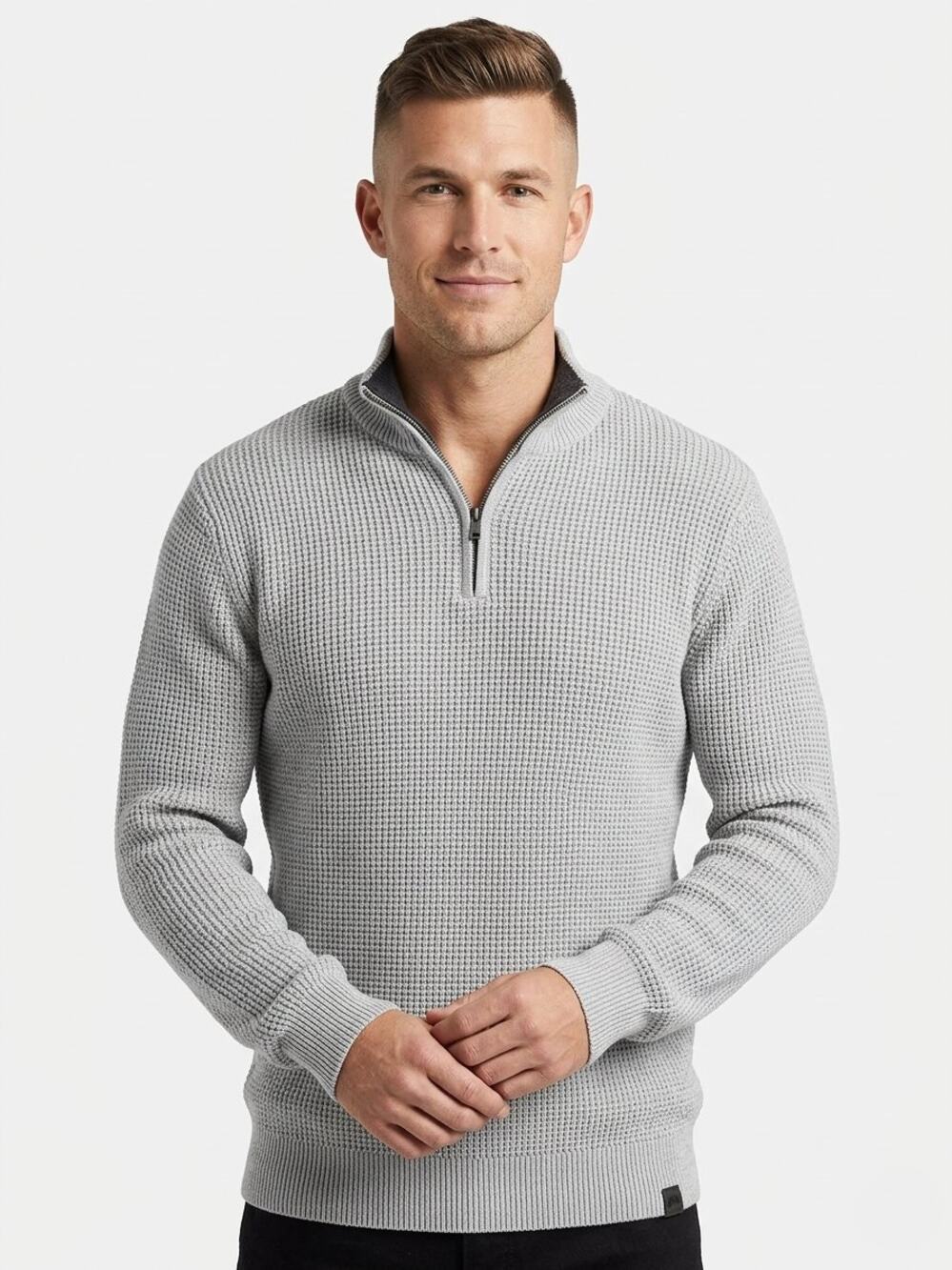 The Normal Brand Light Gray Waffle Textured Quarter Zip Knit Pullover Large